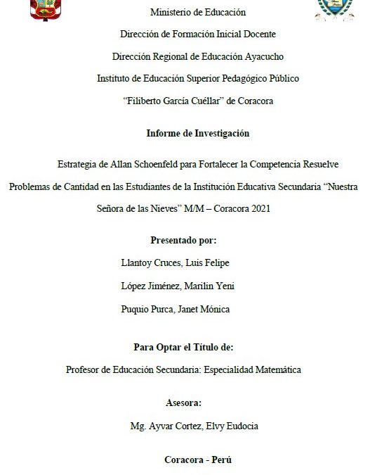 Estrategia de Allan Schoenfeld para Fortalecer la Competencia Resuelve Problemas de Cantidad en las Estudiantes de la Institución Educativa Secundaria “Nuestra Señora de las Nieves”